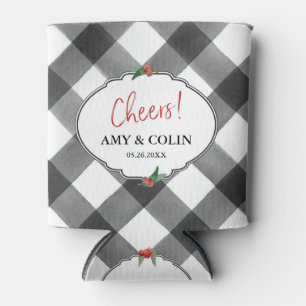 Buffalo Check Black & White Cheers Wedding Custom Can Cooler