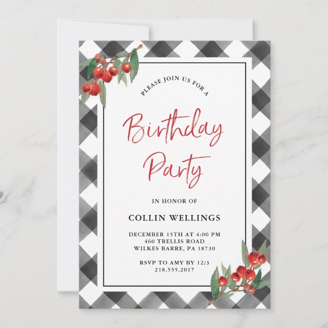 Buffalo Check Black & White Custom Birthday Party Invitation (Front)