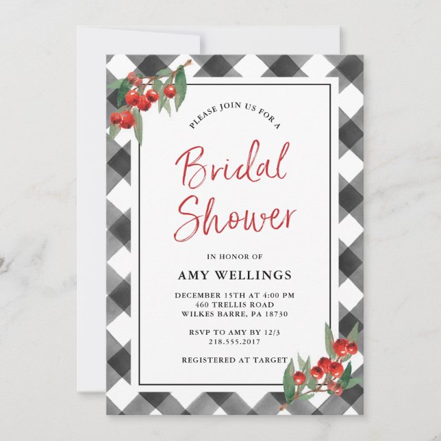 Buffalo Check Black & White Rustic Bridal Shower Invitation (Front)