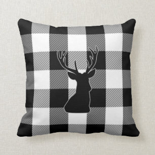 Buffalo Check Black White   Rustic Plaid Deer Cushion