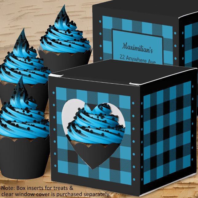 Buffalo Check - Blue and Black - Heart Favour Box (Buffalo Check - Blue and Black - Heart Favor Box - Cupcakes - by Leapfroglisics Shop)