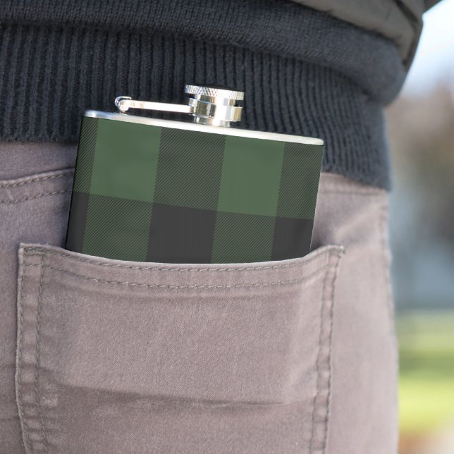 Buffalo Check Celtic Green and Black Squares Plaid Hip Flask (In Situ)