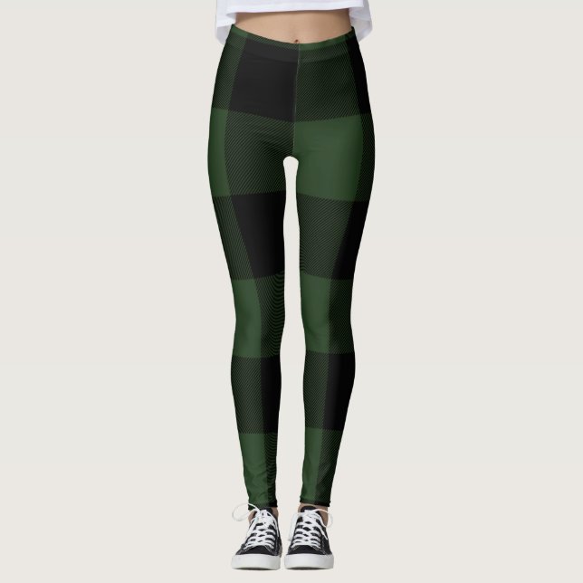 Buffalo Check Celtic Green and Black Squares Plaid Leggings (Front)