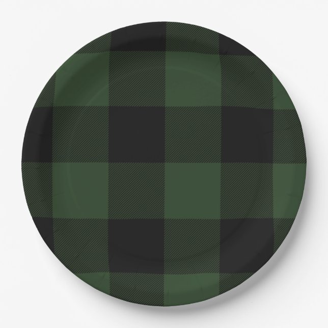 Buffalo Check Celtic Green and Black Squares Plaid Paper Plate (Front)