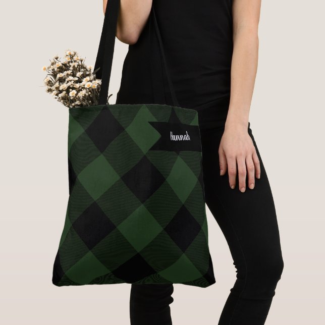 Buffalo Check Celtic Green and Black Squares Plaid Tote Bag (Close Up)