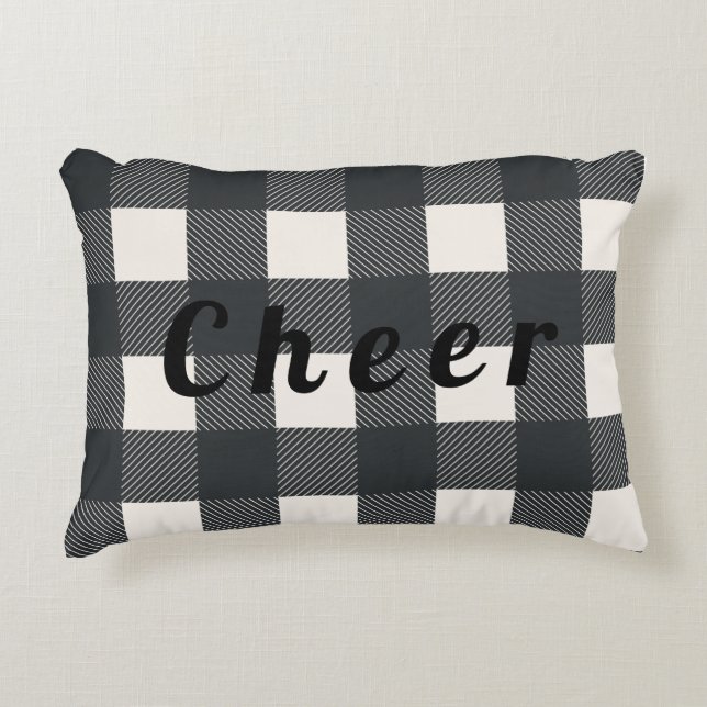 Buffalo Check Cheer Black Typography Holiday Decorative Cushion (Front)