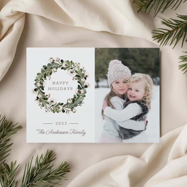 Buffalo Check Christmas Cotton Wreath Family Photo Holiday Card (Creator Uploaded)