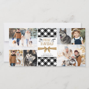 Buffalo Check FELIZ NAVIDAD Black White Collage Holiday Card