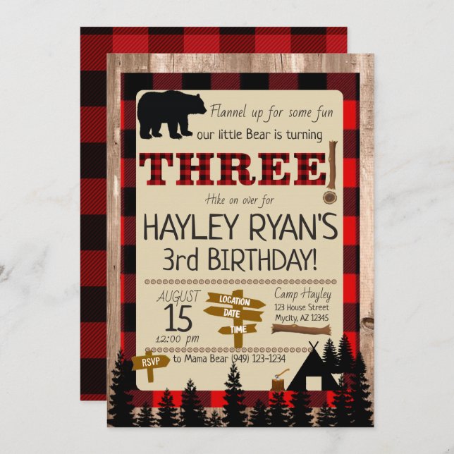 Buffalo Check Flannel Little Bear 3rd Birthday Invitation (Front/Back)