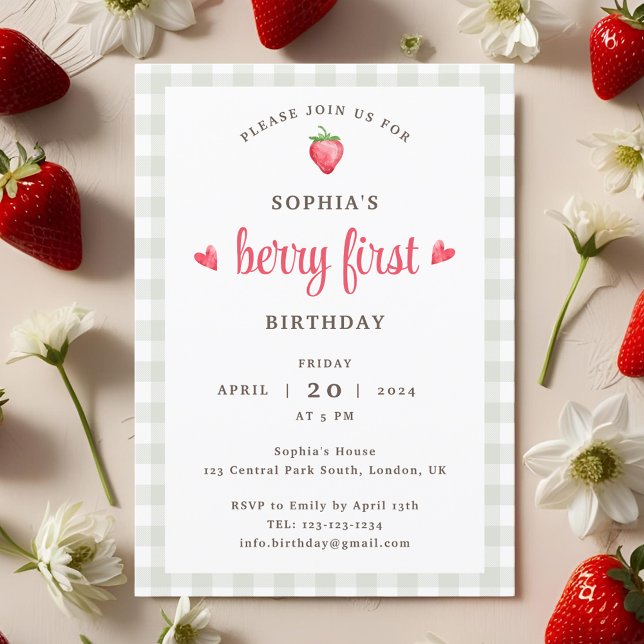 Buffalo Check Girl's Berry First Birthday Invitation (Creator Uploaded)
