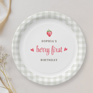 Buffalo Check Girl's Berry First Birthday Party Paper Plate