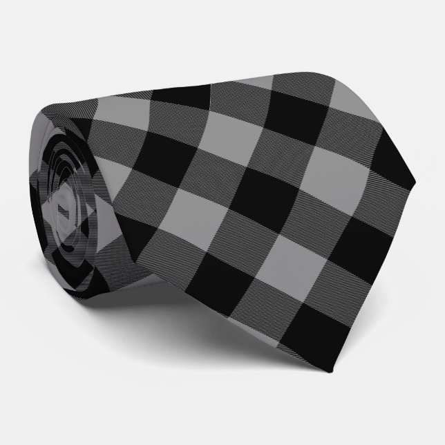 Buffalo Check Grey and Black Squares Plaid Tie (Rolled)