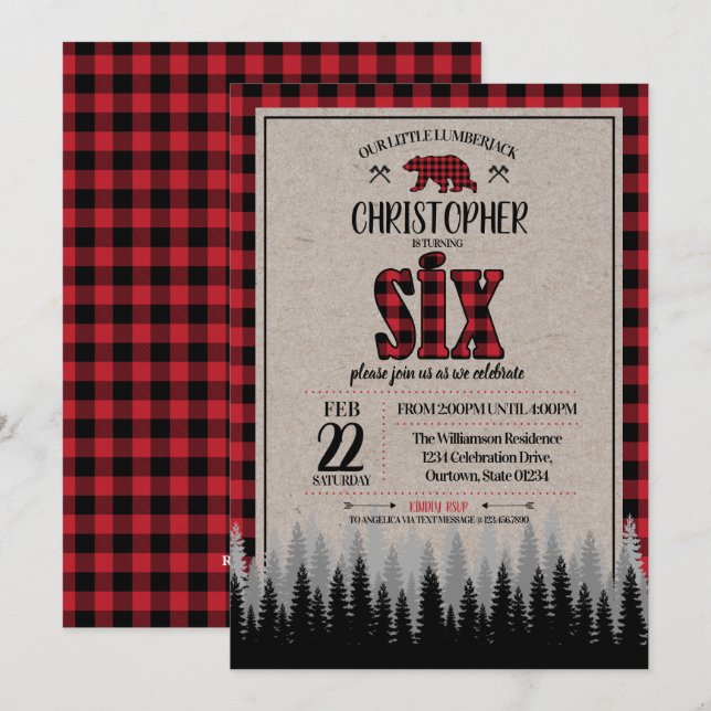 Buffalo Check Lumberjack Boy's 6th Birthday Invitation (Front/Back)