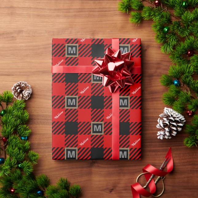 Buffalo Check Monogram & Name Black Red White Wrapping Paper (Holiday Gift)
