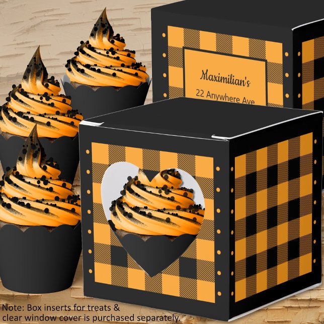 Buffalo Check - Orange and Black - Heart Favour Bo Box (Buffalo Check - Orange and Black - Heart Favor Box - Cupcakes - by Leapfroglisics Shop)