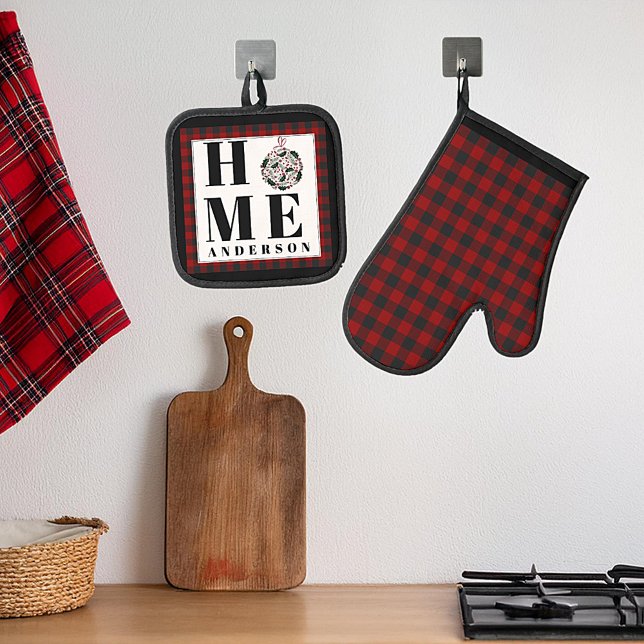 Buffalo check ornament "Home" personalised Oven Mitt & Pot Holder Set (Creator Uploaded)