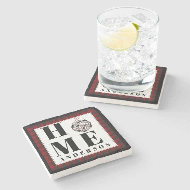 Buffalo check ornament "Home" personalised Stone Coaster (Side)