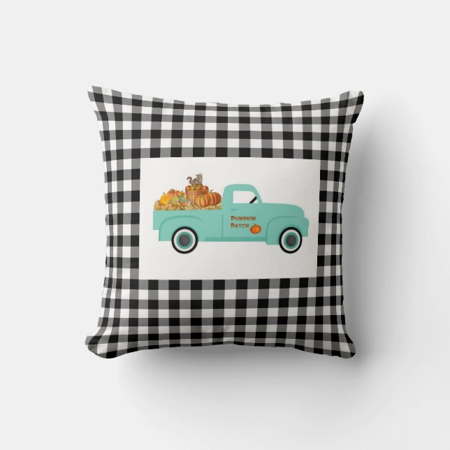Buffalo Check Pillow with Blue Pumpkin Truck (Front)