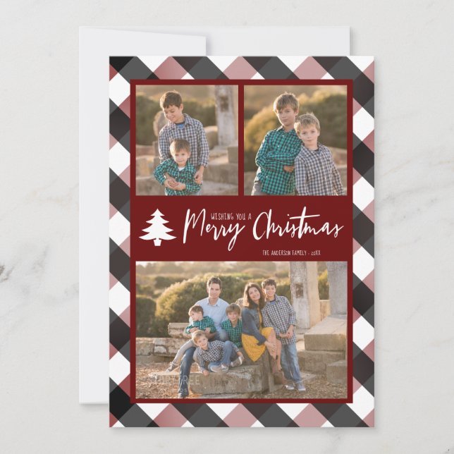 Buffalo Check Plaid 3 Photos Christmas Holiday Card (Front)