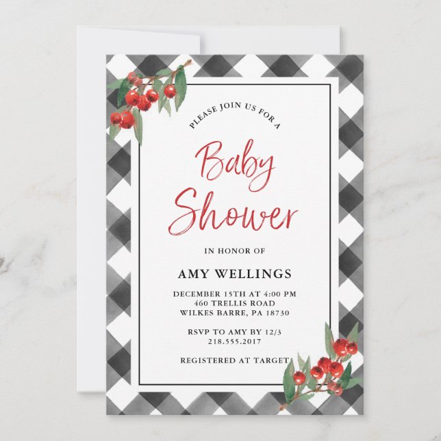 Buffalo Check Plaid Black White Custom Baby Shower Invitation (Front)