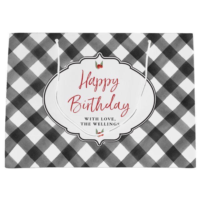 Buffalo Check Plaid Black & White Happy Birthday Large Gift Bag (Front)