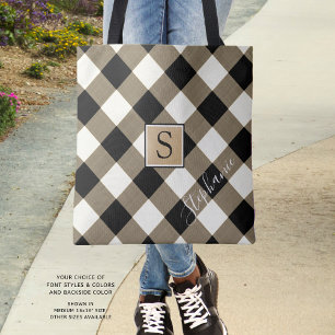 Buffalo Check Plaid Brown Black Monogram Name Tote Bag