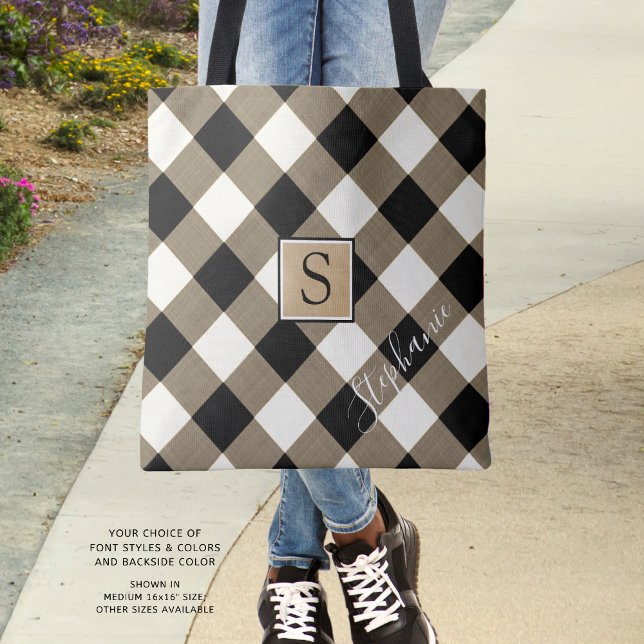 Buffalo Check Plaid Brown Black Monogram Name Tote Bag (Creator Uploaded)