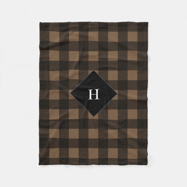 Buffalo Check Plaid Custom Colour Brown Monogram Fleece Blanket (Front)