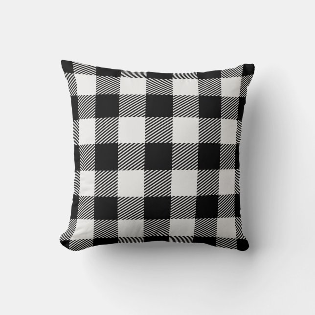 Buffalo Check Plaid Gingham Black and White Cushion (Front)