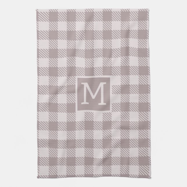 Buffalo Check Plaid Gingham Check Beige Monogram  Tea Towel (Vertical)