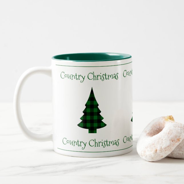 Buffalo Check Plaid Holiday Country Christmas Two-Tone Coffee Mug (With Donut)