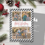 Buffalo Check Plaid Photo Collage Christmas Holiday Card<br><div class="desc">This flat photo Christmas card offers two square photos and one horizontal photo on the front. The background is accented with a festive black and grey buffalo check pattern. Add your own personal message on the back. Photography © Storytree Studios,  Stanford,  CA.</div>