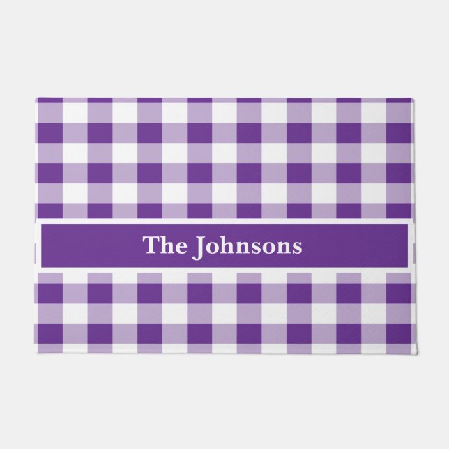 Buffalo Check Plaid Purple and White Personalise Doormat (Front)