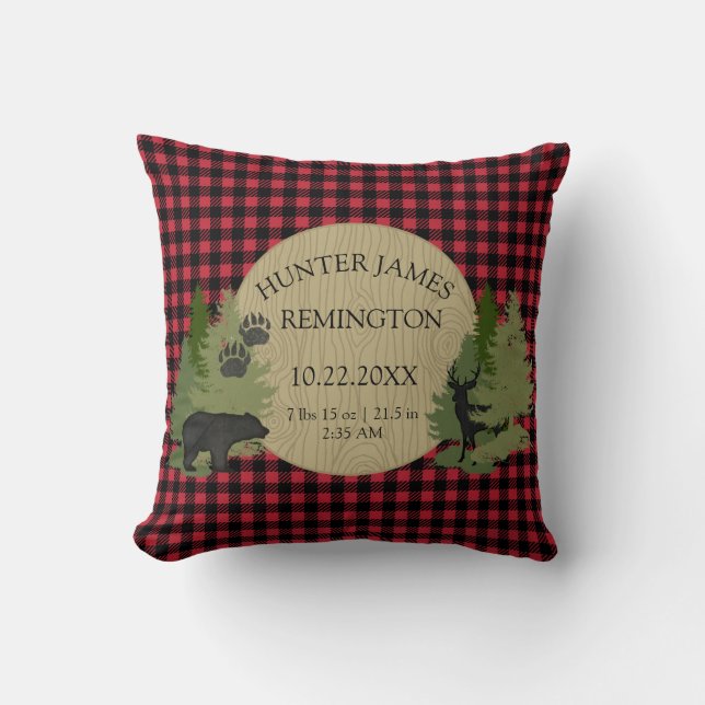 Buffalo Check Plaid Red Black Baby Boy Birth Stats Cushion (Front)