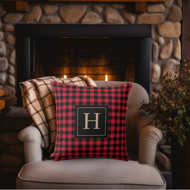 Buffalo Check Plaid Rustic Red and Black Monogram Cushion (Creator Uploaded)