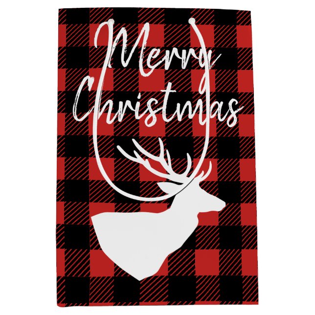 Buffalo Check Plaid & White Deer Silhouette Medium Gift Bag (Front)