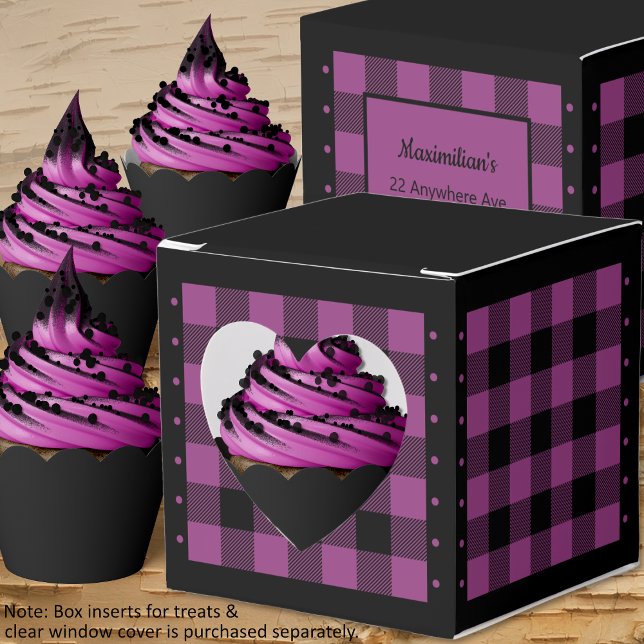 Buffalo Check - Purple and Black - Heart Favour Bo Favour Box (Buffalo Check - Purple and Black - Heart Favor Box - Cupcakes - By Leapfroglisics Shop)