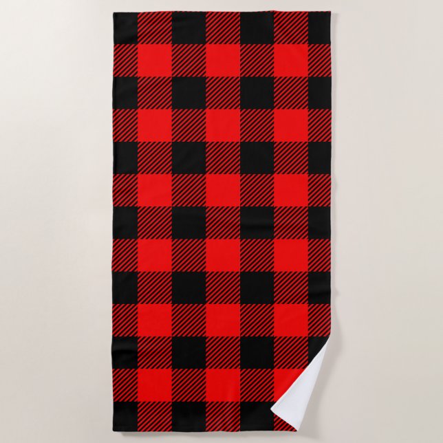 Buffalo Check Red and Black Lumberjack Style Plaid Beach Towel (Front)