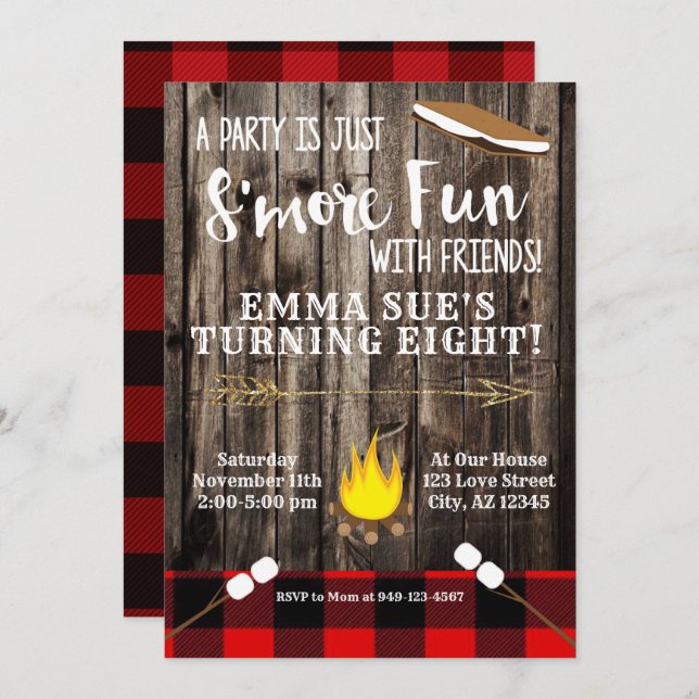 Buffalo Check Red S'more fun with friends Birthday Invitation (Front/Back)