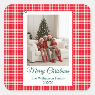 Buffalo Check Style Photo Frame Merry Christmas Square Sticker