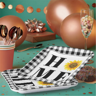 Buffalo check sunflower "Home"  Paper Plate