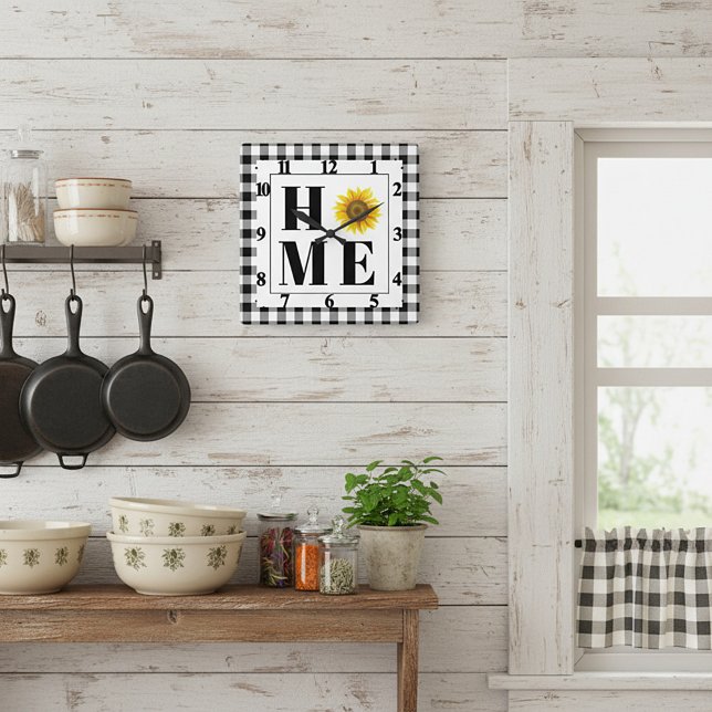 Buffalo check sunflower "Home"   Square Wall Clock (Creator Uploaded)