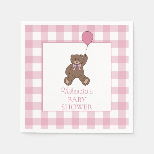 Buffalo Check Teddy Bear and Balloon Baby Shower Napkin (Front)
