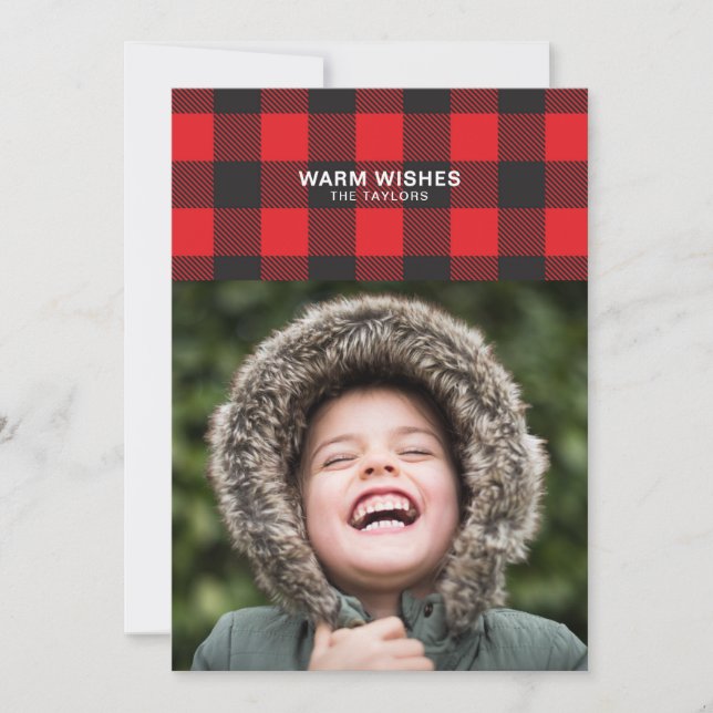 Buffalo Check Warm Wishes Christmas Photo Card (Front)