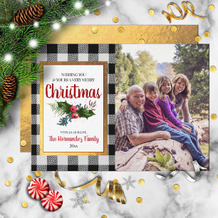 Buffalo Check Watercolor Holly Christmas Photo Holiday Card