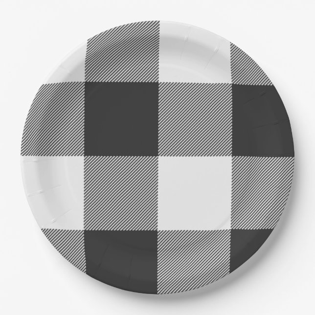 Buffalo Check White and Black Squares Plaid Big Paper Plate (Front)