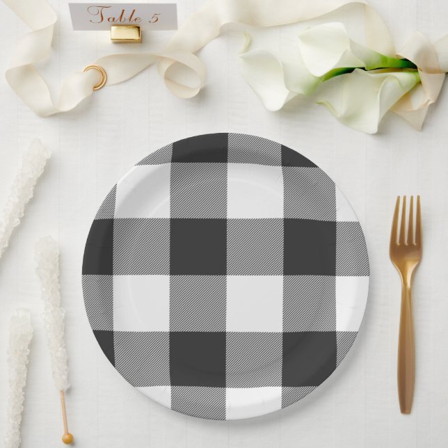 Buffalo Check White and Black Squares Plaid Paper Plate (Wedding)