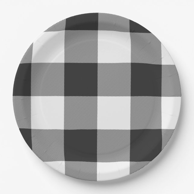 Buffalo Check White and Black Squares Plaid Paper Plate (Front)