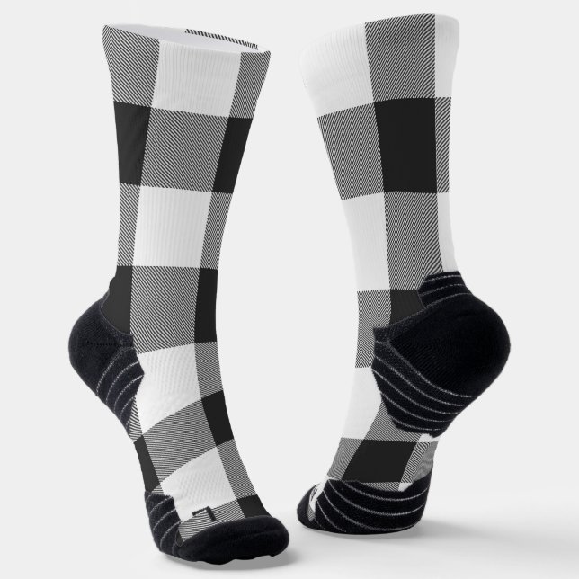 Buffalo Check White and Black Squares Plaid Socks (Angled)