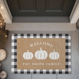Buffalo Check White Pumpkins Family Name Welcome Doormat